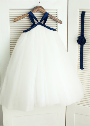 Ivory Tulle Navy Blue Straps Cross Flower Girl Dress 